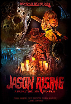 Poster for the 2021 film with the title on the bottom in red below drawings of a severed head at the bottom and a woman with a machete and jason at the top