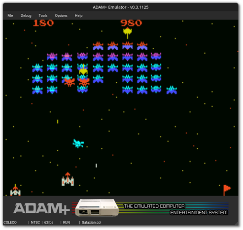 🕶️ A view of its UI (v.0.3.11.25, on Linux) with the game Galaxian, an arcade game featuring colorful aliens that descend from the top of the screen to fire at the player, who controls a cannon at the bottom of the screen. The emulator banner at the bottom of the screen is very nice—showing a photo of the Coleco ADAM console in its hardware version—with the name of the current game and various information (including the number of FPS) below.
📚️ ADAM+ is a free (GPL-3 + NC parts) and multi-platform emulator for the ColecoVision game console and its Coleco ADAM expansion module (also sold as a personal computer). It offers support for Coleco ADAM games (.ddp, .dsk), several ROM formats (.rom, .bin, .col), cartridges & disks, HLE BIOS (does not require an external BIOS to work), debugging (several tools), the Super Game module (including the AY audio chip), Megacart bank switching up to 512 KB, state saving, full screen (with built-in bezels) and windowed modes, graphics filters (Sharp, Smooth), gamepad, and controller button mapping.