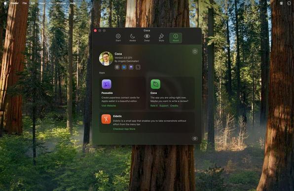 A macOS desktop with a redwood forest wallpaper showing the Coca app’s About screen. The window displays Coca version 2.0 by Angelo Cammalleri with social links and cards highlighting the developer’s other apps, including Passable for Apple Wallet contact cards and Eidetic for easy screenshot capture from the menu bar.