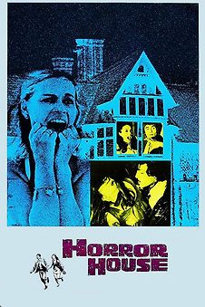 Poster for the 1969 film with an alternative title in purple on a white background at the bottom. Above in blues and blacks is a woman screaming next to a large house and there are yellow pictures in the window of the house