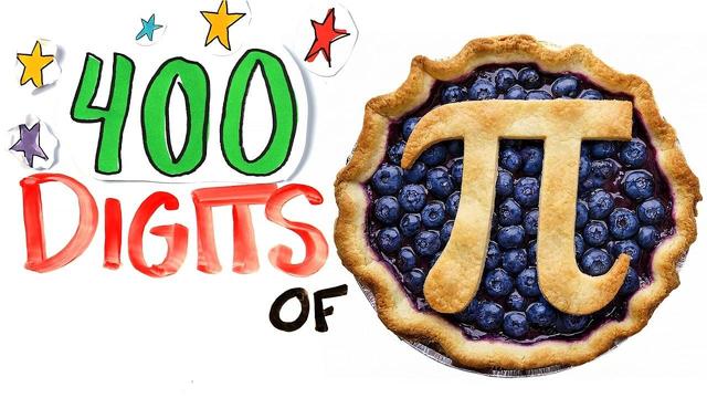 Hand-drawn text reading 400 DIGITS OF is positioned next to a blueberry pie with a crust shaped like the pi symbol on top.