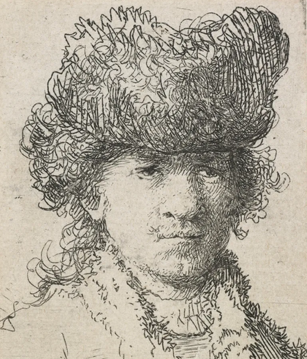 Rembrandt van Rijn, Self portrait in a fur cap: bust, etching, 1630. Gift of Bishop Monrad, 1869. Te Papa (1869-0001-398)