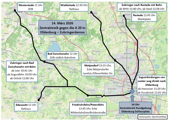 Landkarte mit eingezeichnenten Zubringerdemos aus:
Rastede (12:45 Uhr, Marktplatz)
Wiefelstede (12:30 Uhr, Rathaus) über Metjendorf (13:15 Uhr Metjendorfer Landstr. Ecke Ofenfelder Str.)
Westerstede (11 Uhr, ZOB) über Bad Zwischenahn (12 Uhr, ZOB)
dann Zusammenfluss mit
Edewecht (12 Uhr, Rathaus) über Friedrichsfehn/Petersfehn (12:45 Uhr Wldenloslinie Ecke Brüderstr.)
Quelle: https://a20-nie.de/img/2025/Zubringerdemos%20zum%20Zentralstreik%20gegen%20die%20A20%20am%2014.03.2026.png