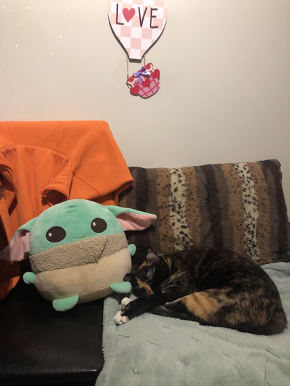 cozy indoor scene features a calico cat sleeping on a light blue blanket, positioned next to a green and beige Grogu plush toy with pink inner ears. Behind the cat, an orange garment rests on a dark surface, adjacent to a brown and beige striped blanket with black spots. On the light-colored wall, a heart-shaped sign displays the word "LOVE" with a red heart, and a red and pink checkered heart-shaped ornament hangs below it. The wall has small white dots that resemble stars. The scene includes soft textures from the plush toy, blankets, and the wall decoration.