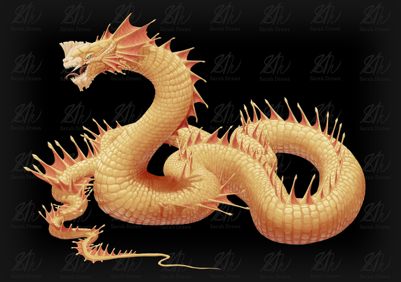 Creature Concept: Golden Sea Serpent
Digital art of a yellow, dragon-like snake creature design. It has a row of jagged, fin-like spines running down its back. Similar fins form a crest-like frill on the back of its snake-like head. I similar frill, though smaller, juts downward from the back of its top jaw.
A pale bony beak with a crest on top and underneath covers the front of its face and top of its head. Near the base of the mouth, the beak forms a long tusk that sticks forwards. The edges of the mouth have jagged razor formations of bone that function as teeth, and the beast's tongue is forked.
Its scales are a pale shiny yellow, and its eyes are bright blue.
Art by @Sarah_Draws.