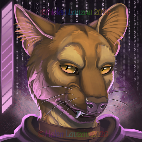 Digital icon portrait of an anthro fossa with a slight scowl, showing one of his canines. Behind him is an abstract cyberspace backdrop.
