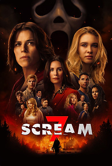 Poster for the 2026 film with the title in white and red at the bottom while pictures of the cast rise above it and Ghostface is at the top center of it all