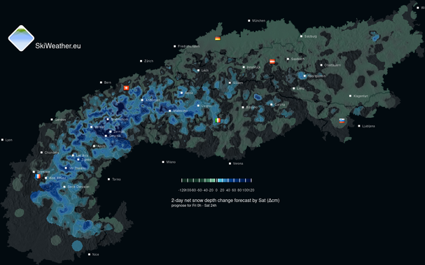 Change in snow depth across the Alps over the next 2 days.