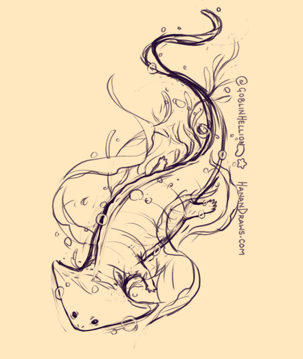 digital sketch of a potential tattoo design of the amphibious marine reptile Diplocaulus. It has an arrow/boomerang shaped head, and is swimming through some water plants with bubbles around it.
