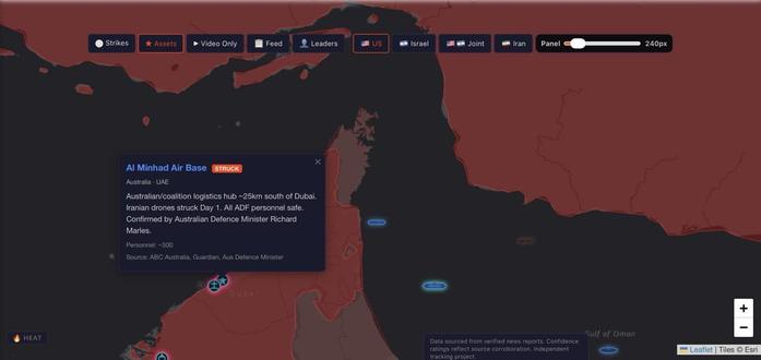 The current war map of Iran as of 2026MAR14 showing Australian logistics hub, Al Minhad Air Base.
source https://sofrep.com/
https://iranstrikemap.com/