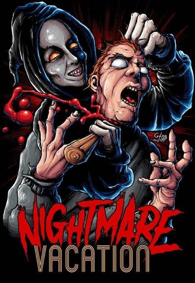 Poster for the 2017 film with the title in red and brown at the bottom below a picture of a hooded figure behind man cutting his throat