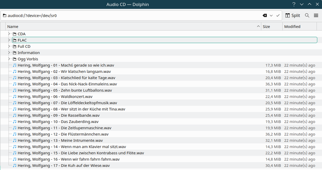 Screenshot des Dateimanagers Dolphin unter KDE Plasma. Zu sehen ist eine geöffnete Audio CD. In der Dateiliste tauchen Ordner mit den Namen "FLAC", "Ogg Vorbis" usw. auf.