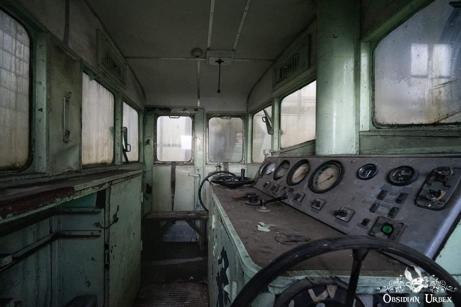 Side view of train drivers cabin, from open door