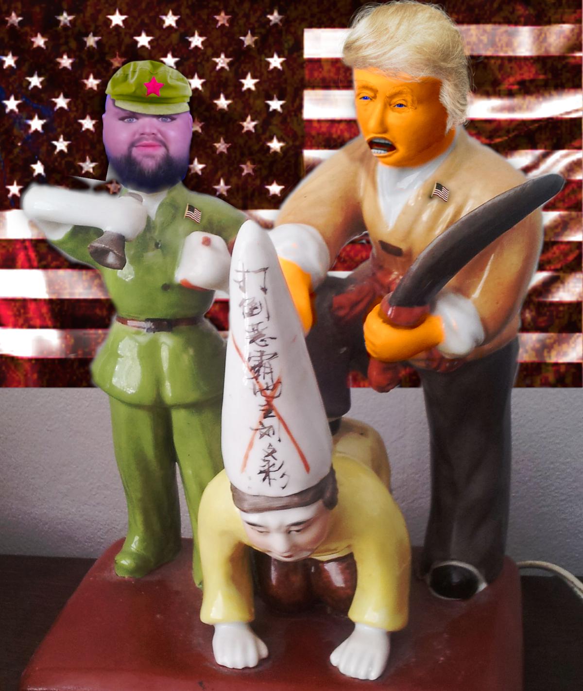 A Chinese porcelain sculpture depicting a Maoist struggle session; a cadre in uniform and CCCP cap stands by while a Party official forces a man in a dunce cap to his knees. The image has been altered. The cadre now has the 'fat baby' JD Vance head. The Party official has orange skin, Trump hair, and Trump's eyes and mouth. Both figures have US flag lapel pins. Behind them is a soiled US flag.