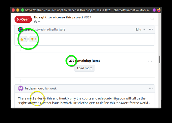 Screenshot: an extremely noisy GitHub issue, with a prompt to load two hundred and thirty-three hidden items – immediately above an observation that there are two sides.