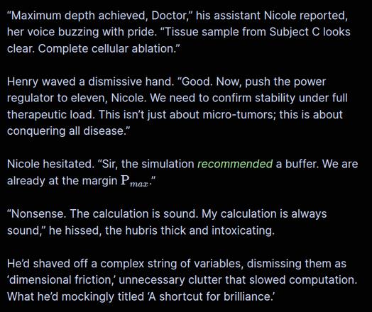“Maximum depth achieved, Doctor,” his assistant Nicole reported, her voice buzzing with pride. “Tissue sample from Subject C looks clear. Complete cellular ablation.”
Henry waved a dismissive hand. “Good. Now, push the power regulator to eleven, Nicole. We need to confirm stability under full therapeutic load. This isn’t just about micro-tumors; this is about conquering all disease.”
Nicole hesitated. “Sir, the simulation recommended a buffer. We are already at the margin P max."
“Nonsense. The calculation is sound. My calculation is always sound,” he hissed, the hubris thick and intoxicating.
He’d shaved off a complex string of variables, dismissing them as ‘dimensional friction,’ unnecessary clutter that slowed computation. What he’d mockingly titled ‘A shortcut for brilliance.’