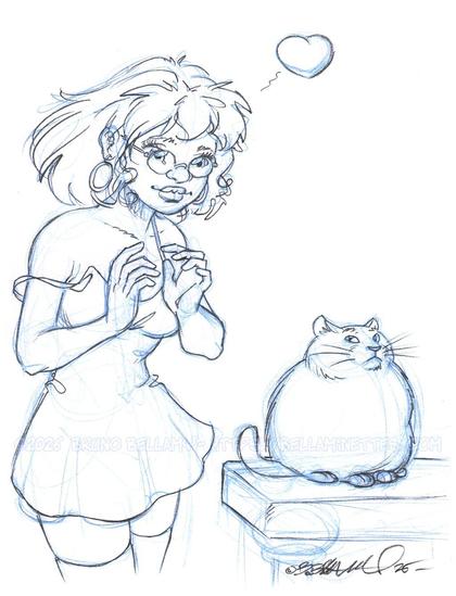 Une bellaminette (avec des rondeurs) s'extasie devant un gros chat tout rond.