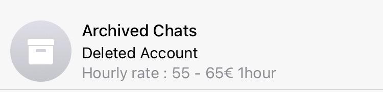 Snapshot of one Telegram contact. Filed under ’Archived Chats’ by now ’Deleted Account’ the job offer is for hourly rate of 55-65 euros