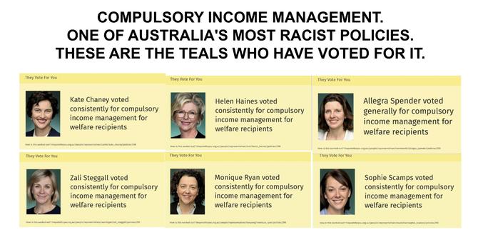 compulsory income management, and the teals who have voted for it.
kate chaney, zali steggall, helen haines, monique ryan, allegra spender, sophie scamps.