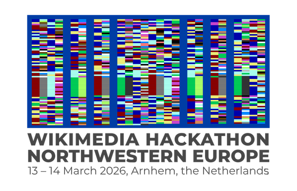 Logo for the Wikimedia Hackathon Northwestern Europe 2026, taking place 20 and 21 March in Arnhem, the Netherlands (Hay Kranen, CC 0)