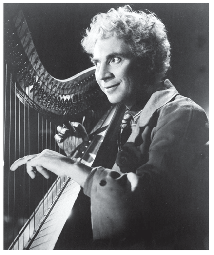Man with curly white hair playing a harp ,