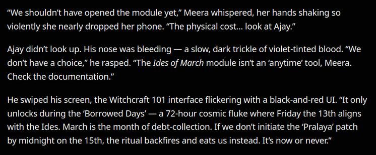 “We shouldn’t have opened the module yet,” Meera whispered, her hands shaking so violently she nearly dropped her phone. “The physical cost… look at Ajay.”
Ajay didn’t look up. His nose was bleeding — a slow, dark trickle of violet-tinted blood. “We don’t have a choice,” he rasped. “The Ides of March module isn’t an ‘anytime’ tool, Meera. Check the documentation.”
He swiped his screen, the Witchcraft 101 interface flickering with a black-and-red UI. “It only unlocks during the ‘Borrowed Days’ — a 72-hour cosmic fluke where Friday the 13th aligns with the Ides. March is the month of debt-collection. If we don’t initiate the ‘Pralaya’ patch by midnight on the 15th, the ritual backfires and eats us instead. It’s now or never.”