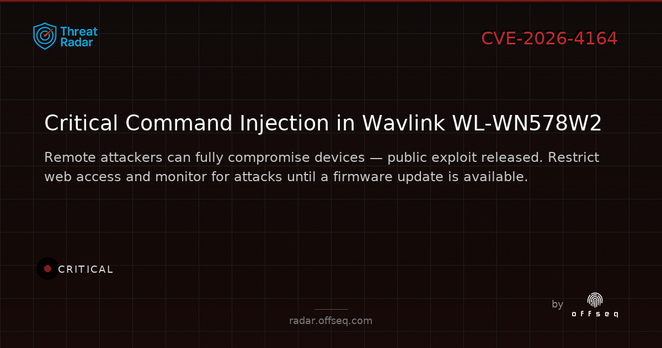 Critical threat: CVE-2026-4164: Command Injection in Wavlink WL-WN578W2