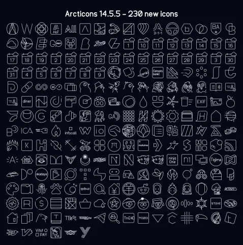 Visual changelog with all the new app icons in a line style. With at the top the text: "Arcticons 14.5.5 - 230 new icons"