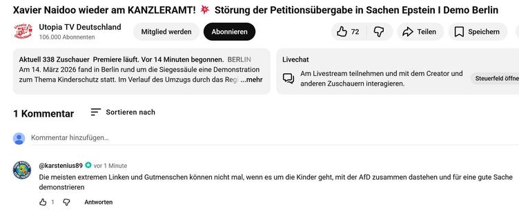 Um den Kommentar geht es, der ist im Screenshot zu sehen: "Die meisten extremen Linken und Gutmenschen können nicht mal, wenn es um die Kinder geht, mit der AfD zusammen dastehen und für eine gute Sache demonstrieren".