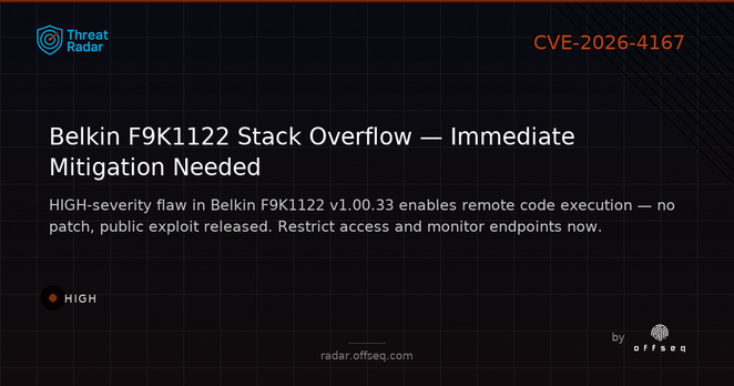 High threat: CVE-2026-4167: Stack-based Buffer Overflow in Belkin F9K1122