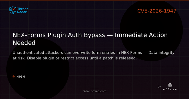 High threat: CVE-2026-1947: CWE-639 Authorization Bypass Through User-Controlled Key in webaways NEX-Forms – Ulti