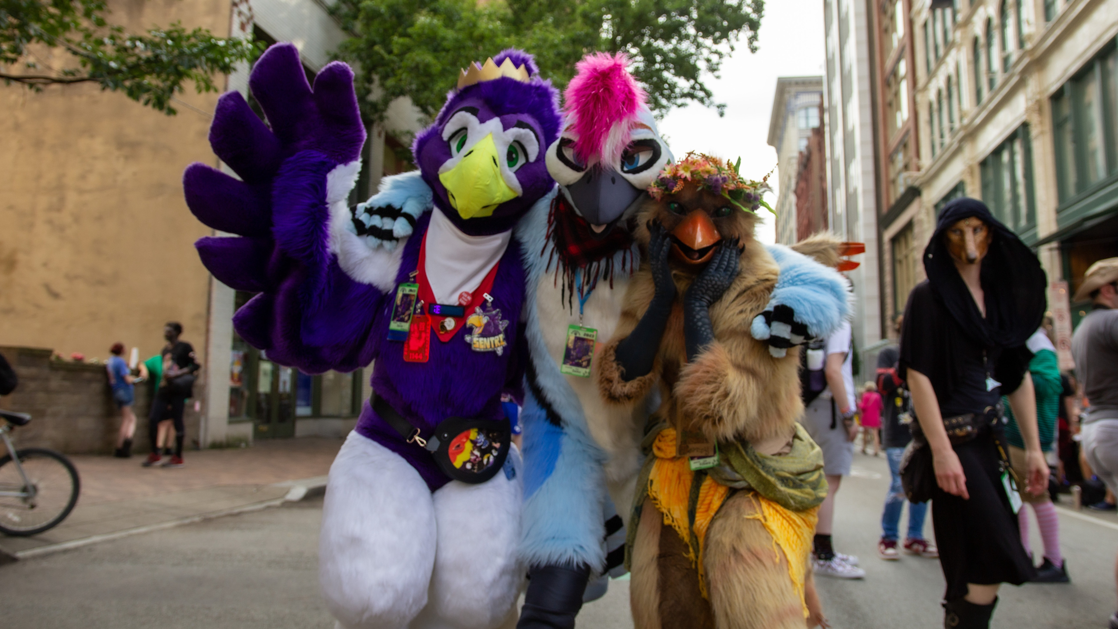 A trio of bird fursuiters posing together for a photo