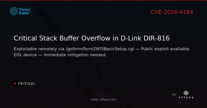 Critical threat: CVE-2026-4184: Stack-based Buffer Overflow in D-Link DIR-816