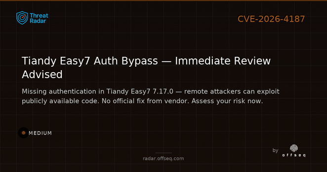 Medium threat: CVE-2026-4187: Missing Authentication in Tiandy Easy7 Integrated Management Platform