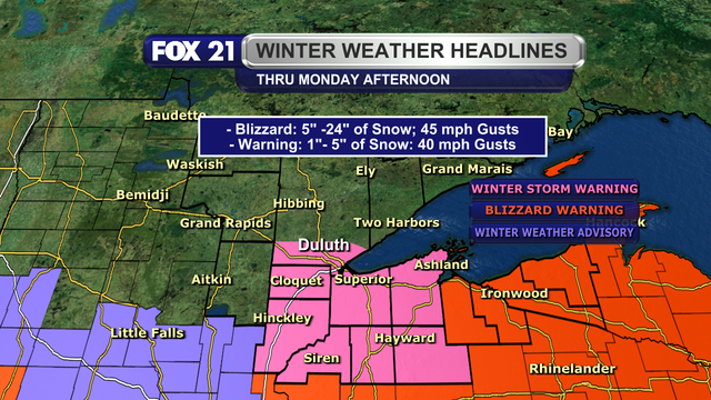 A Blizzard Warning remains in effect through the daytime hours of Monday, March 16, 2026, for Ashland, Gogebic, Iron, and Ontonagon counties. Additional snowfall totals will range from 5 to 24 inches, with the highest totals in the Upper Peninsula and South Shore Snowbelt regions. A Winter Storm Warning now covers Bayfield, Burnett, Carlton, Douglas, Pine, Sawyer, southern St. Louis, and Washburn counties through Sunday night. Additional snowfall totals will be 1 to 5 inches, with strong winds created blowing, drifting, and difficult driving conditions.