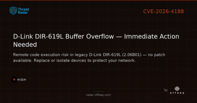 High threat: CVE-2026-4188: Stack-based Buffer Overflow in D-Link DIR-619L