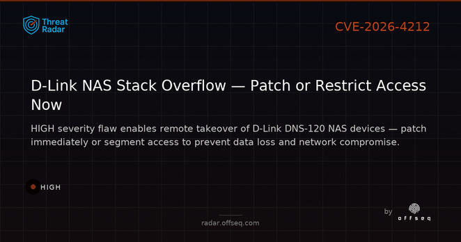 High threat: CVE-2026-4212: Stack-based Buffer Overflow in D-Link DNS-120