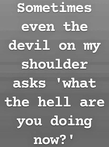 Grey background, white text:
Sometimes
even the
devil
on my
shoulder
asks 'what
the hell are
you doing
now?'