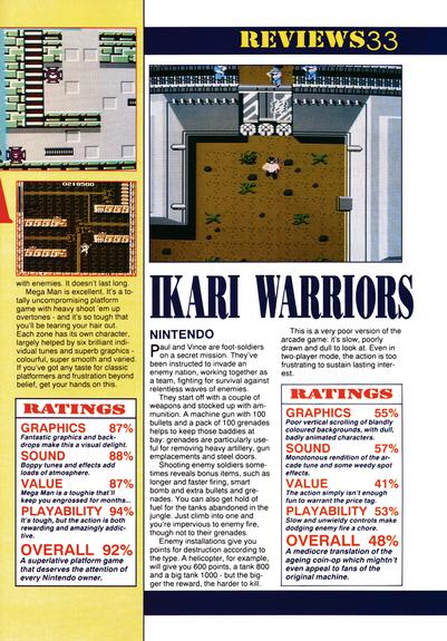 Review for Rush 'N' Attack, Mega Man and Ikari Warriors on NES from Complete Guide To Consoles Volume 1 (CVG Mean Machines) - December 1989 (UK)
scores:
Rush 'N' Attack: 83%
Mega Man: 92%
Ikari Warriors: 48%