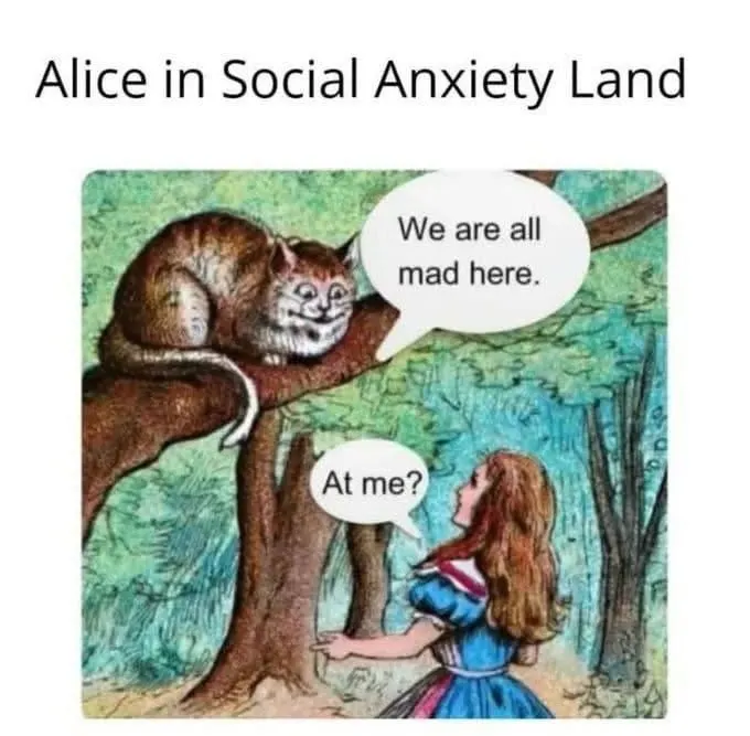Image of Alice in Wonderland looking up at the Cheshire Cat on a tree branch. Caption: Alice in Social Anxiety Land Cat: "We are all mad here." Alice: "At me?"