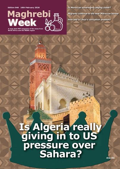 Magazine cover titled "Maghrebi Week" featuring a photo of a mosque with headlines about Algeria, US pressure, Morocco, migrants, and Libya's corruption.