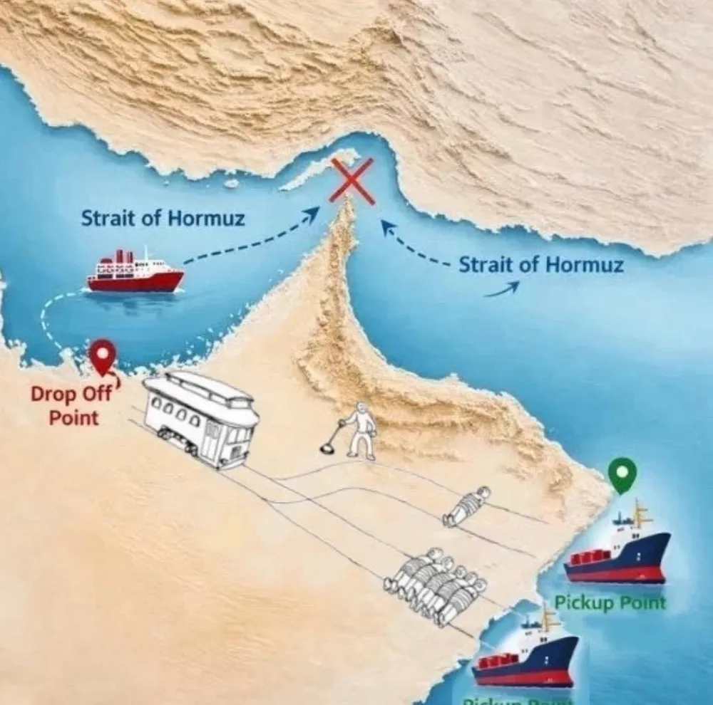 A proposed solution to the strait of hormuz blockade, where a proposed path from what looks like Abu Dhabi to Oman has been replaced by a trolley problem.