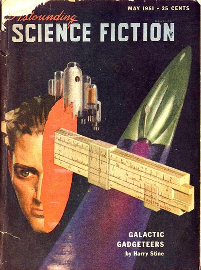 A man's head seen in section, as if sliced in half; protruding from the blank section is a complex slide rule. A space ship is passing on a black background and some kind of valves or equipment are seen as well.
Astounding Stories magazine cover from 1951.