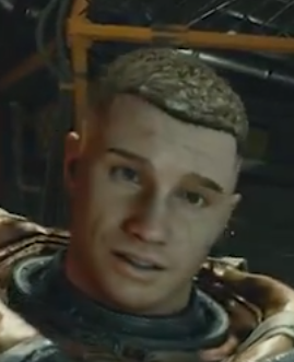 A still from Nvidia's DLSS5 announcement demo reel, showing the "DLSS OFF" version of the same character. The face is generally symmetrical.