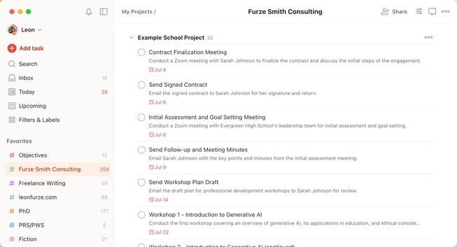 A screenshot of the Todoist app's project view for "Furze Smith Consulting." The screen displays a list of tasks under the "Example School Project" category. Tasks listed include "Contract Finalization Meeting," "Send Signed Contract," "Initial Assessment and Goal Setting Meeting," and "Send Follow-up and Meeting Minutes," each with a due date in early July. The left sidebar shows various project categories and filters.
