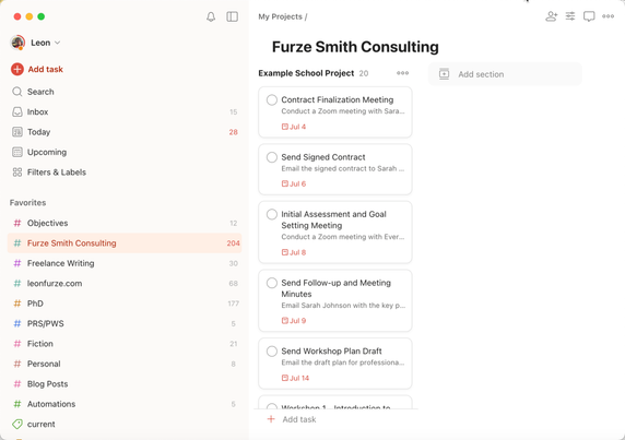 A screenshot of the Todoist app's project view for "Furze Smith Consulting." The screen displays a list of task cards under the "Example School Project" category. Tasks listed include "Contract Finalization Meeting," "Send Signed Contract," "Initial Assessment and Goal Setting Meeting," and "Send Follow-up and Meeting Minutes," each with a due date in early July. The left sidebar shows various project categories and filters.