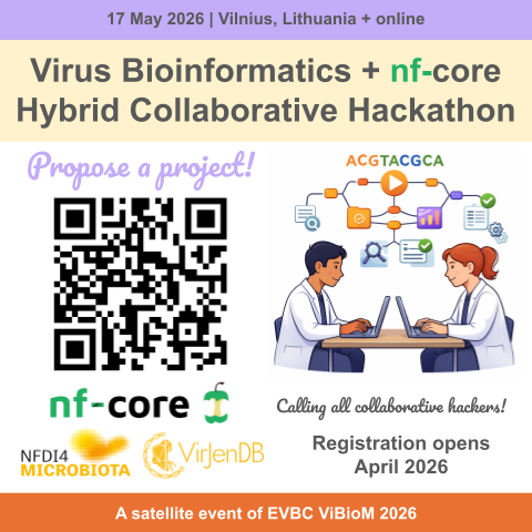 Small social media image with the following text:
17 May 2026 | Vilnius, Lithuania + online
Virus Bioinformatics + nf-core Hybrid Collaborative Hackathon
Calling all collaborative hackers!
Propose a project (with QR code)
Registration opens April 2026
Supported by the NFDI4Micorbiota, nf-core, and VirJenDB
A satellite event of EBVC ViBioM 2026