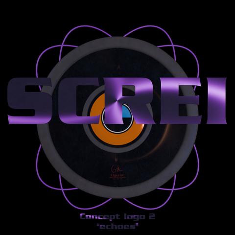 A gray disk object with four purple rings flanking the structure. bold metallic text saying "SCREI" highlights the structure.
Behind the text is a circular structure of a vibrant orange and blue coloration.