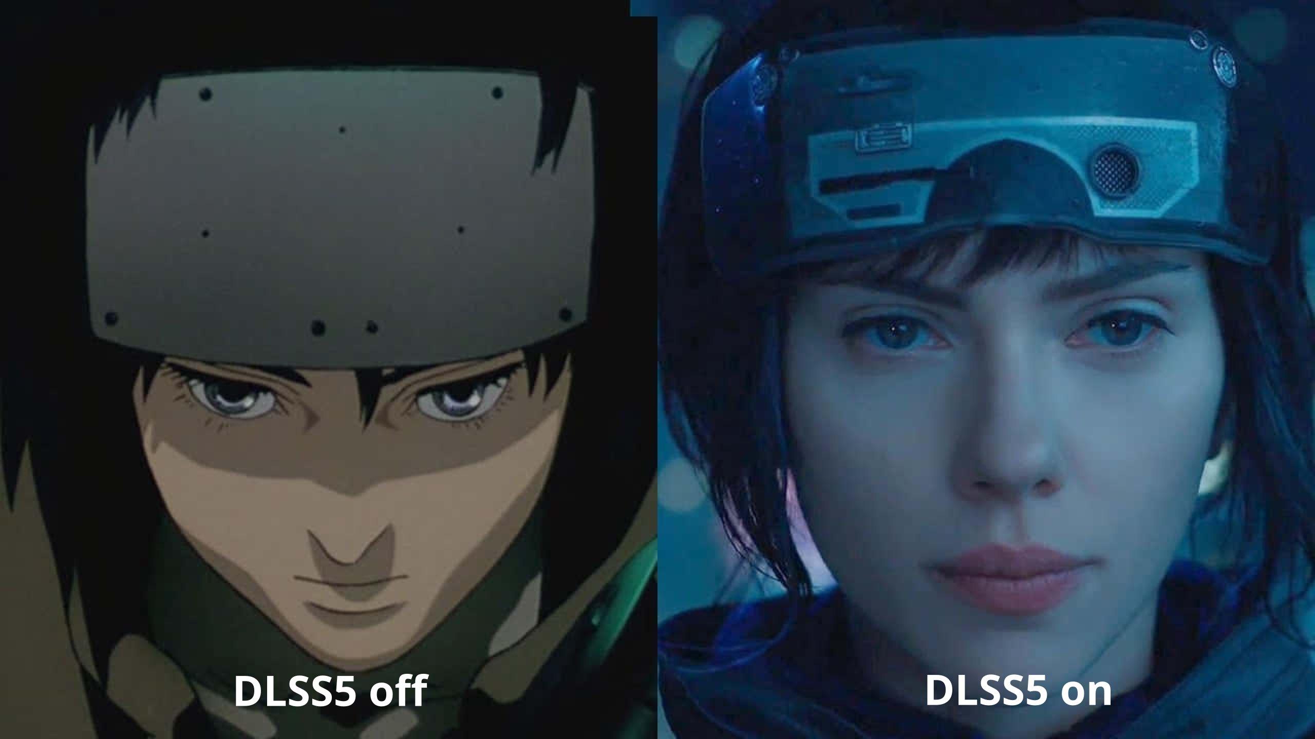 left panel: the Major from the original Ghost in the Shell, animated asian woman with short dark hair, an angular and somewhat androgynous face, and a kind of VR goggle resting on her forehead right panel: same scene recreated in the live action version statting Scarlett Johansson, a skinny white woman with a very smooth face, as the Major