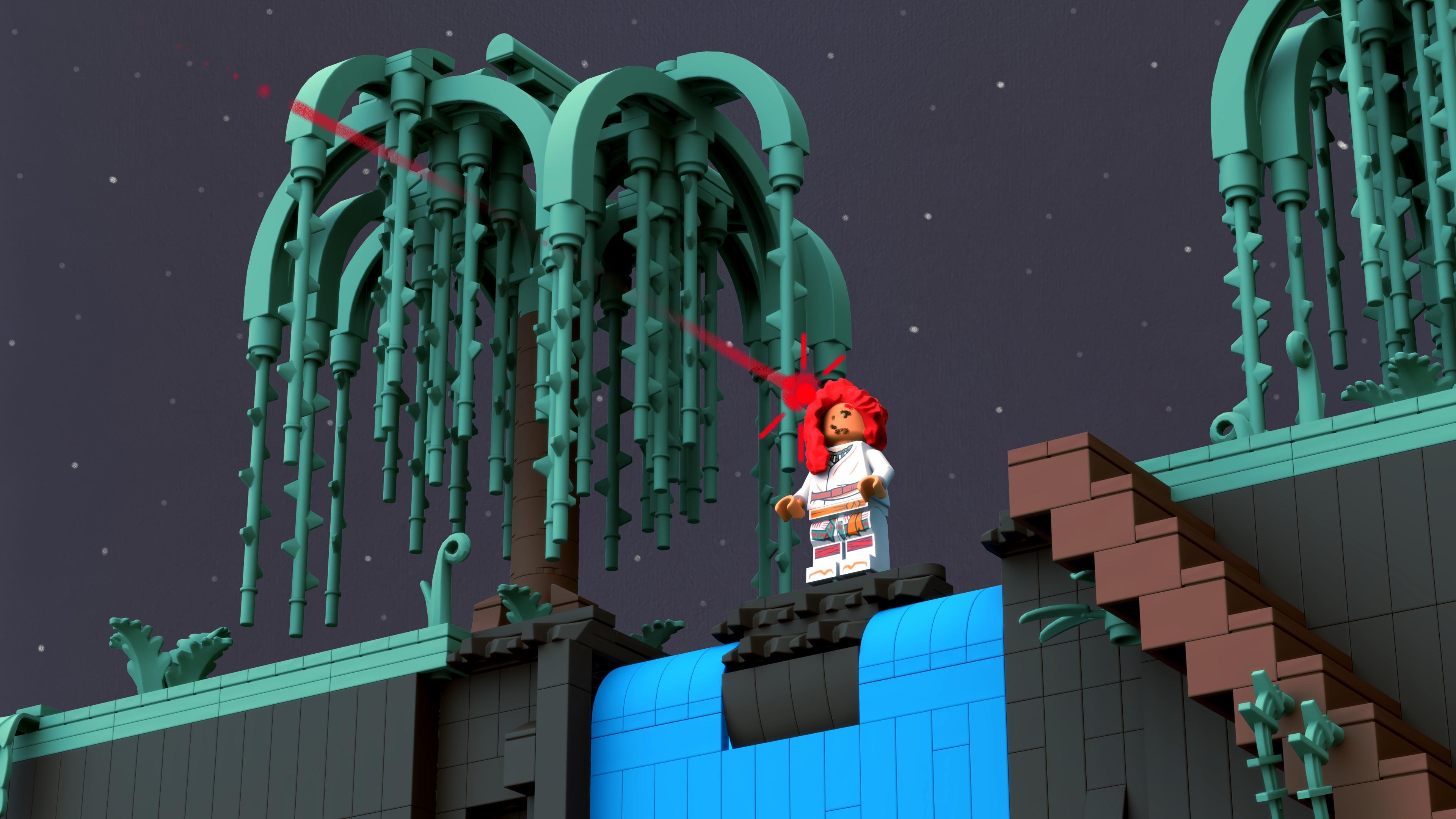 "A red star struck her brow." lego render of Sparkasuki at the waterfall on the Night the Stars Fell